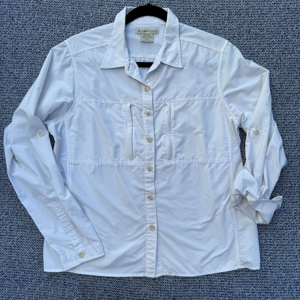 ExOfficio Lightweight White Button-Up Shirt L With Pockets Sun Protection Travel